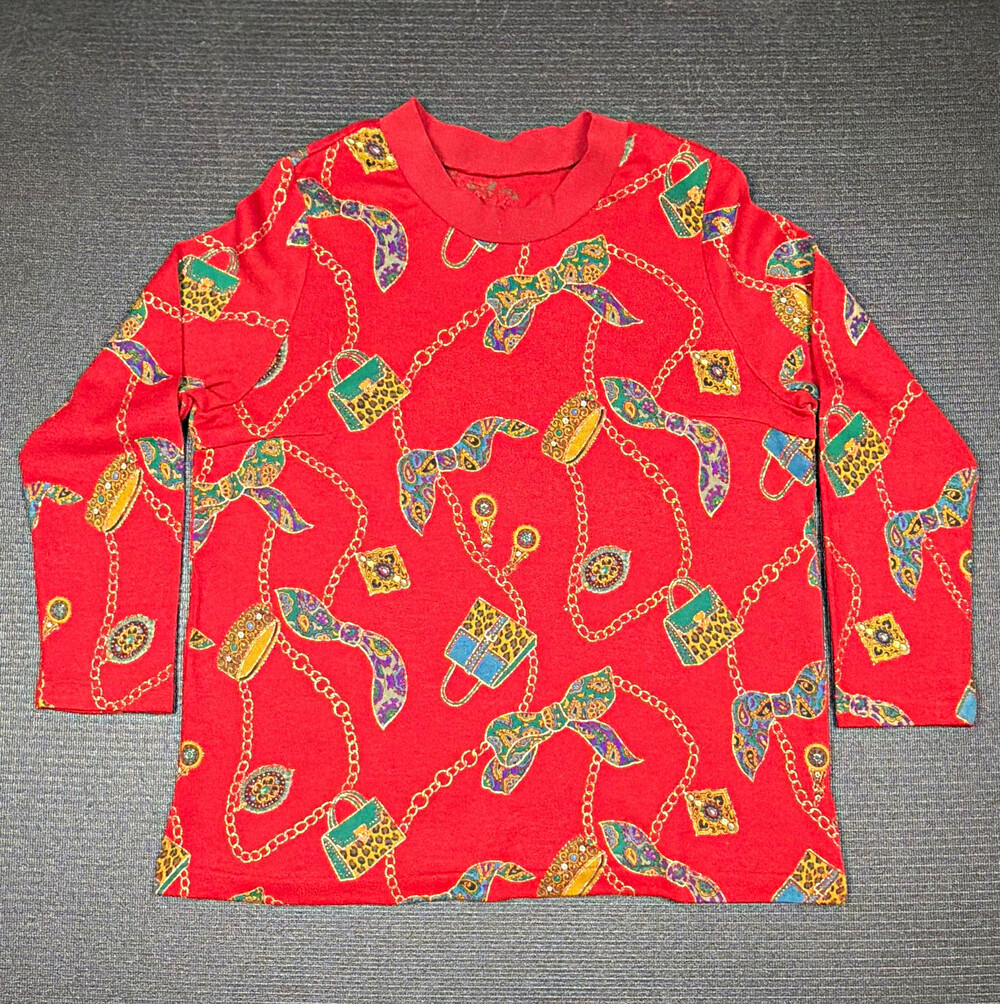 Vtg DELICE Sports Tokyo Style Top Womens Red Scarf Chain Purse Novelty Print L
